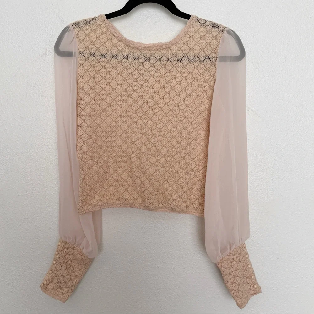 Free People Sheer Lace Blouse Fairycore Boho Romantic Crop Top